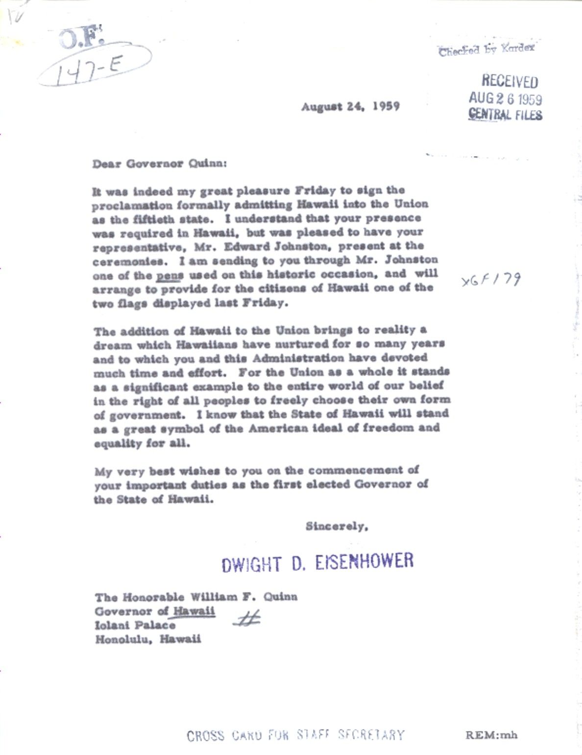 letter to the Governor of Hawaii, William Quinn