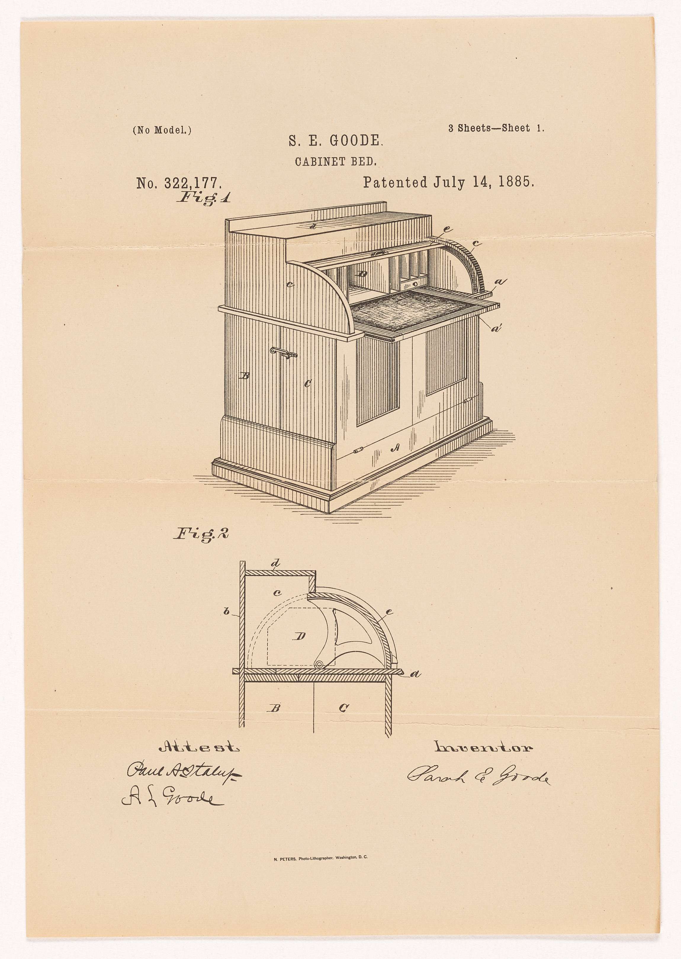 Patent Drawing For A Cabinet Bed Docsteach