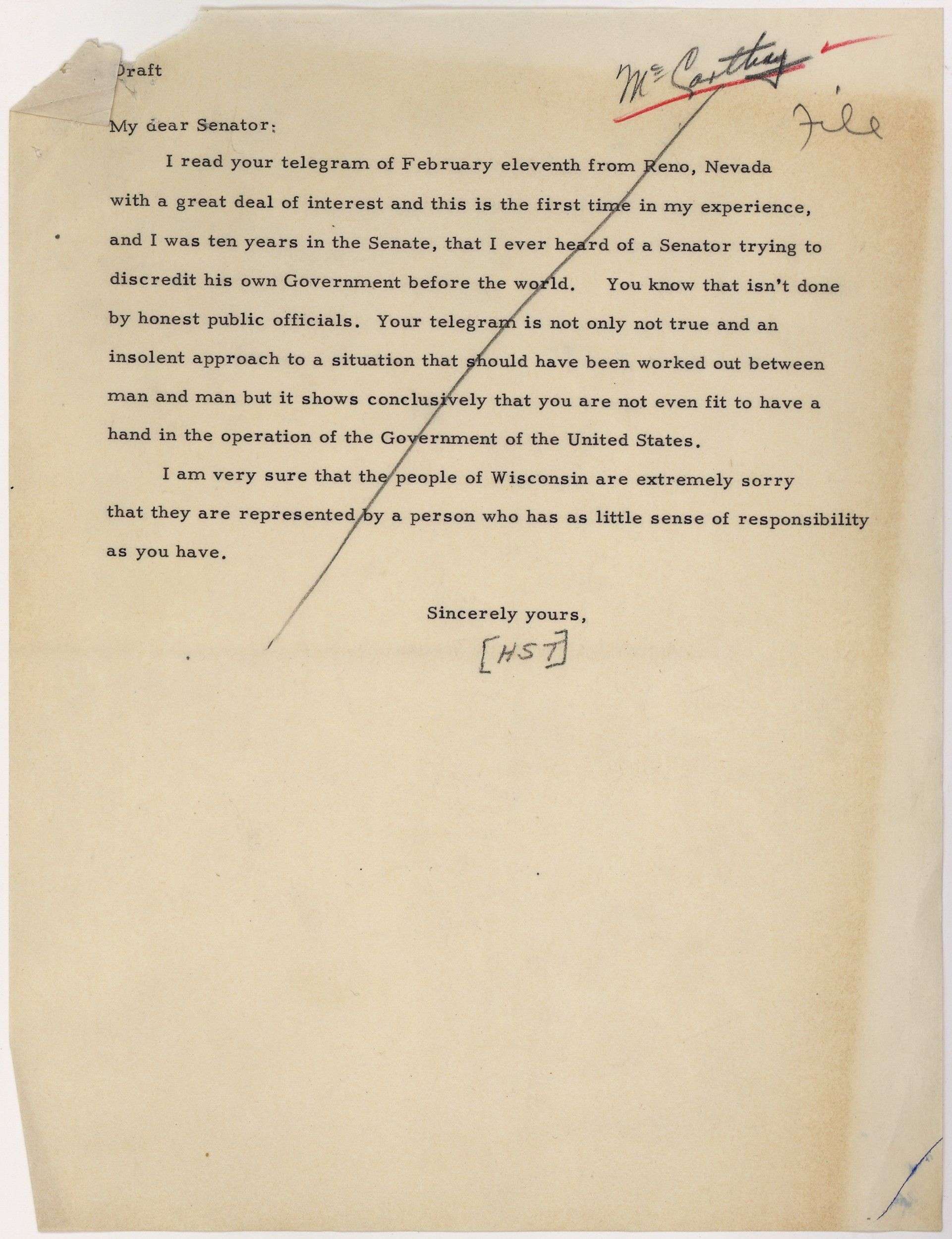 Truman’s unsent reply to McCarthy - Source: NARA's DocsTeach