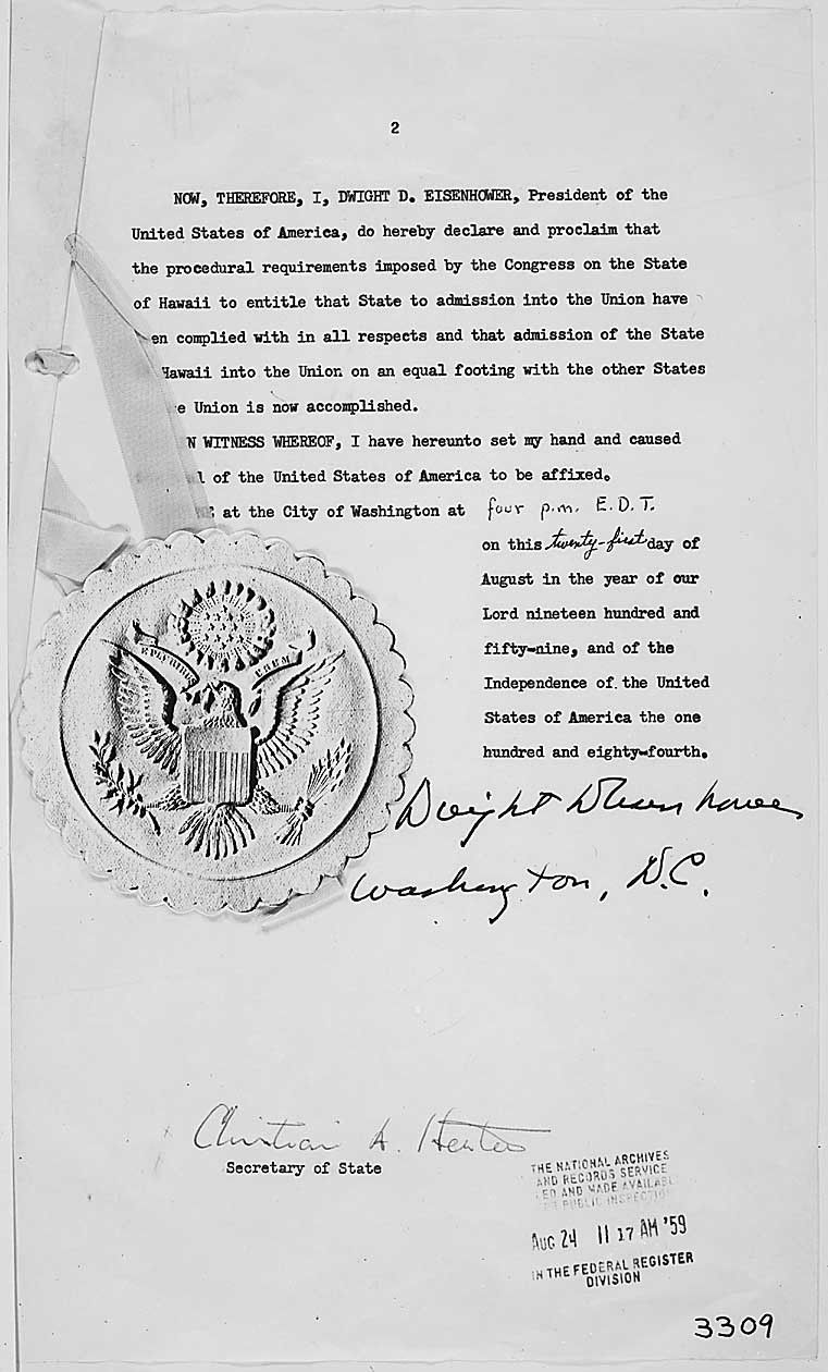 Presidential Proclamation 3309 from President Dwight D. Eisenhower, announced Hawaii's admission as a state in 1959. - History By Mail