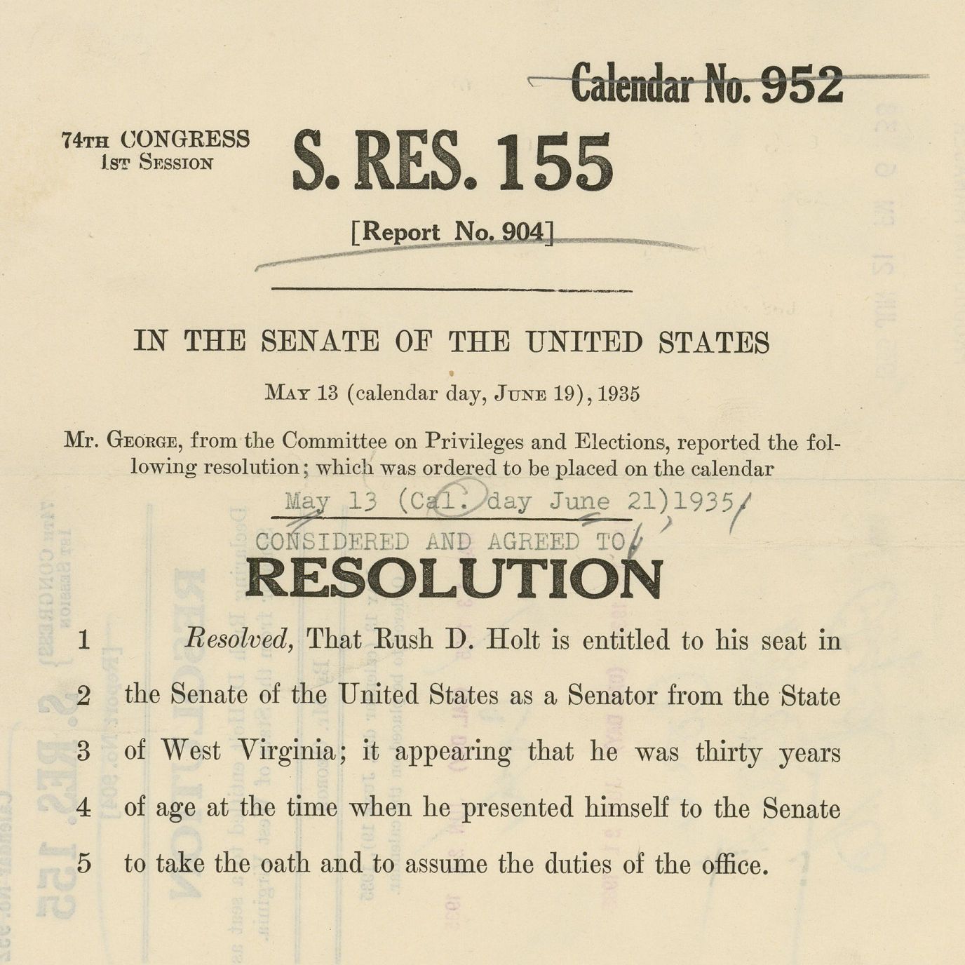 Senate Resolution 155 of the 74th Congress