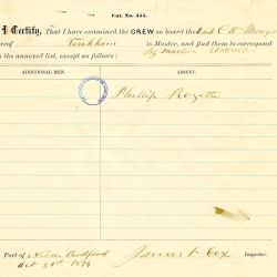 Certificate of Examination of the Crew for the Whaling Bark Charles W. Morgan