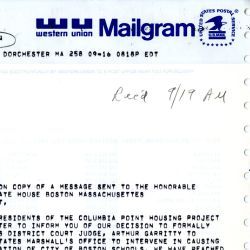 Western Union Mailgram Sent to Governor Francis Sargent