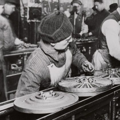 Photograph of Workers on the First Moving Assembly Line 