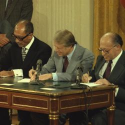 Anwar Sadat, Jimmy Carter and Menahem Begin at the Camp David Accords Signing Ceremony