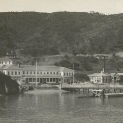 U.S. Immigration Station, Angel Island, San Francisco Bay. View Showing Wharf and Main Building