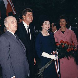 Arrival ceremonies for the President of Peru. President Don Manuel Prado, President Kennedy, Mrs. Prado, Mrs. Kennedy
