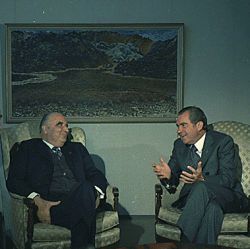 President Nixon meeting with President Pompidou of France and President Eldjarn of Iceland, in Reykjavik, Iceland