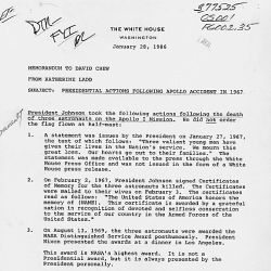 Memo from Katherine Ladd to David Chew, re Presidential Actions Following Apollo Accident in 1967