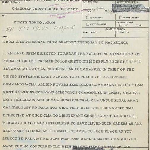 Telegram from General Omar Bradley to General Douglas MacArthur 