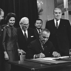Photograph of President Lyndon B. Johnson signing the Highway Beautification Act