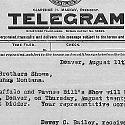 Telegram to Ringling Brothers Shows announcing the sale of property from "Buffalo Bill