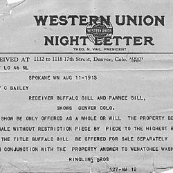Telegram from Ringling Brothers to Dewey Bailey, court receiver charged with public sale of assets from "Buffalo Bill