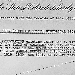 Certificate of corporation in the State of Colorado for the William F. Cody ("Buffalo Bill") Historical Pictures Company