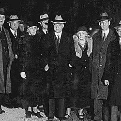 "President Herbert Hoover and official party in Tunnel No. 2 during inspection tour of Boulder Canyon Project. Left to right: Construction Engineer Walker R. Young, Bureau of Reclamation; Mr. Ritchey,