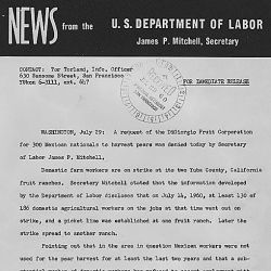 News from the U.S. Department of Labor, Washington, DC, regarding a denied request of the DiGiorgio Fruit Corporation for 300 Mexican nationals to harvest pears.