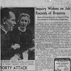 "Inquiry Widens on Job Records of Braceros/Books of More Growers in Imperial Valley Scrutinized on Falsification Allegations" from Los Angeles Times (text and photograph).