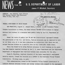 News from the U.S. Department of Labor, "Federal Stop-Order on Indio Farmer" (USDL-IX-59S56), San Francisco, August 3, 1959.