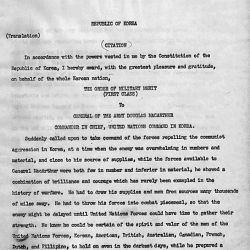Translation of Citation from Republic of Korea issuing General Douglas MacArthur the"Order of Military Merit"
