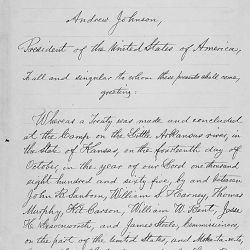 Treaty of Little Arkansas River, October 14, 1865 (Ratified Indian Treaties #341, 14 STAT 703) between the U.S. and Arapahoe and Cheyenne Indians (Black Kettle Band) granting lands in reparation for t