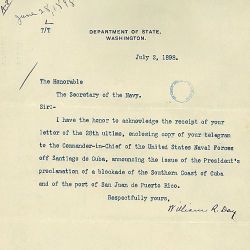 Memo from Secretary of State William R. Day to the Secretary of Navy regarding President McKinley