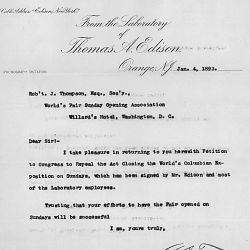 Petition signed by Thomas A. Edison and 49 others of Orange, New Jersey, praying for the repeal of the act closing the World