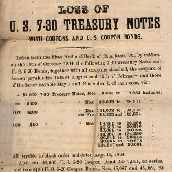 Notice concerning treasury notes taken during a Confederate raid in St. Alban
