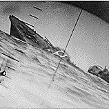 Torpedoed Japanese destroyer photographed through periscope of U.S.S. Wahoo or U.S.S. Nautilus.