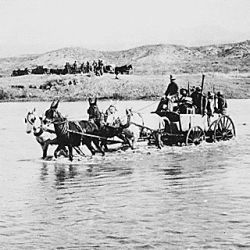 Co. B~ 10th Infantry~, crossing Gila River in buckboard wagons near San Carlos, Ariz. Terr.