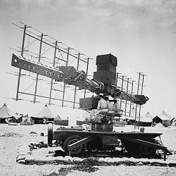 "Three soldiers of the United States Army sit in place at a radar used by the 90th Coast Artillery in Casablanca, French Morocco."