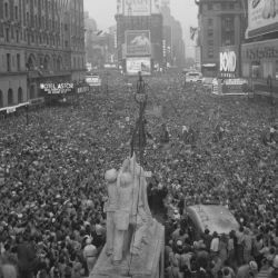 V-J Day in New York City. Crowds gather in Times Square to celebrate the surrender of Japan