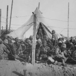 Turkish prisoners behind their own barbed wire at Seddul Bahr. Dardanelles Campaign