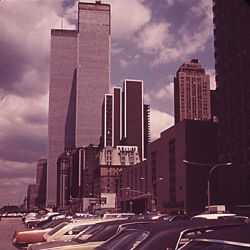 The newly constructed towers of the World Trade Center seen from the south side on West Street 