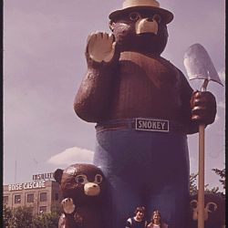 Couple pose in front of Smokey the Bear 