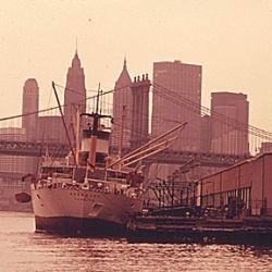 Shipping piers of Brooklyn, New York, with Manhattan in the background.