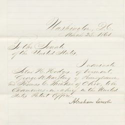 Message of President Abraham Lincoln nominating Silas H. Hodges, George H. Harding, and Thomas C. Theaker to be Examiners-in-chief in the United States Patent Office, referred to the Committee on Pate