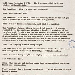 Transcript of Conversation Between President Dwight D. Eisenhower and Prime Minister Anthony Eden Regarding Cease-Fire during Suez Crisis