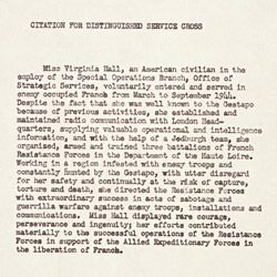 Citation for Virginia Hall for the Distinguished Service Cross 