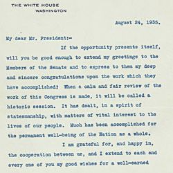 Letter from President Franklin D. Roosevelt to the President of the Senate Complimenting the Members for their Work on the Social Security Act