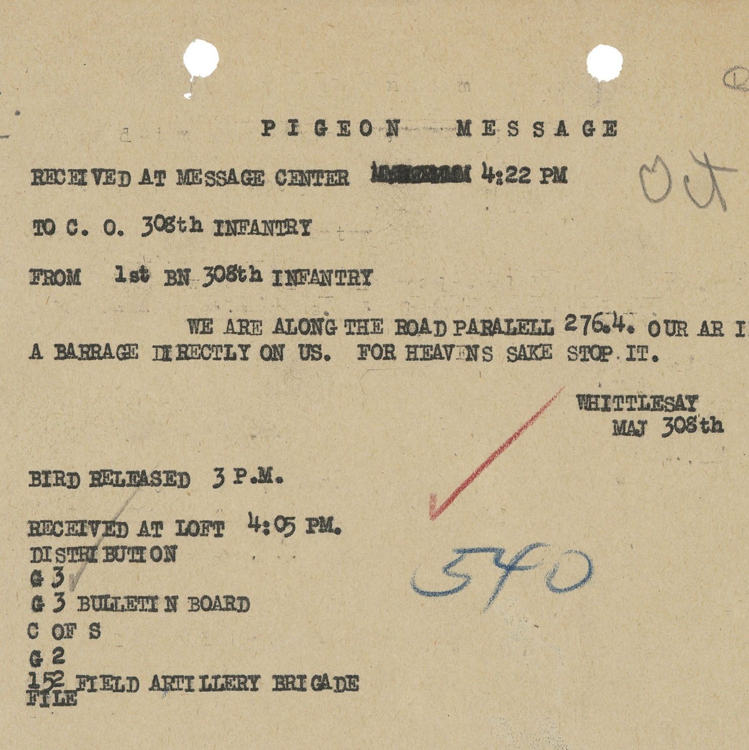 Pigeon Message from Capt. Whittlesey to the Commanding Officer of the 308th Infantry