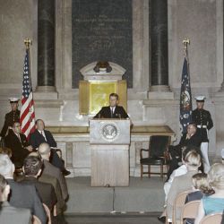 President John F. Kennedy Speaking in the National Archives Rotunda at the Opening of the Old Navy Exhibit