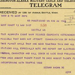 Telegram from the Secretary of the Navy to All Naval Stations Regarding Mars