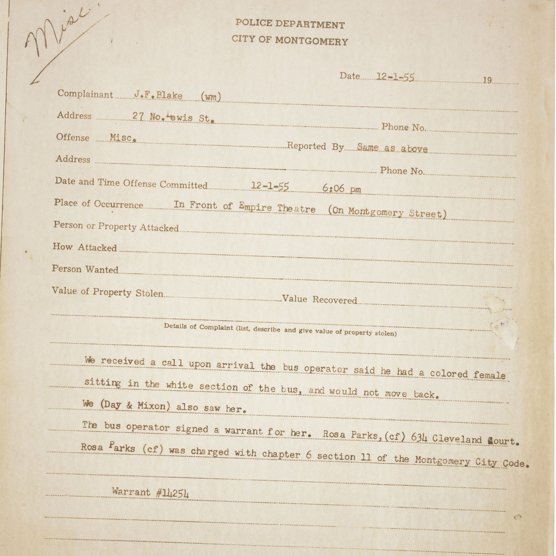Police Report on Arrest of Rosa Parks