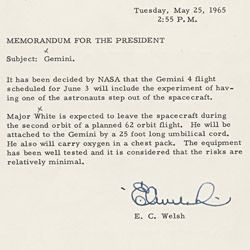 Memorandum from Edward C. Welsh to President Lyndon B. Johnson on the Subject of Gemini