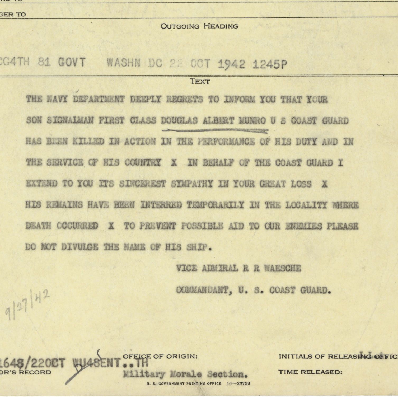 Dispatch from Admiral R. R. Waesche to Mrs. Edith Munro Regarding Death of Douglas A. Munro