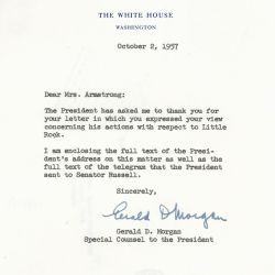 Letter from Gerald D. Morgan, Special Counsel to President Dwight D. Eisenhower to Helen Armstrong Regarding School Integration in Little Rock