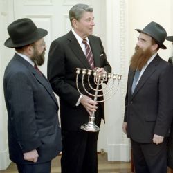 President Reagan Meeting with the Friends of Lubavitch, Abraham Shemtov and others to Receive a Menorah in the Oval Office