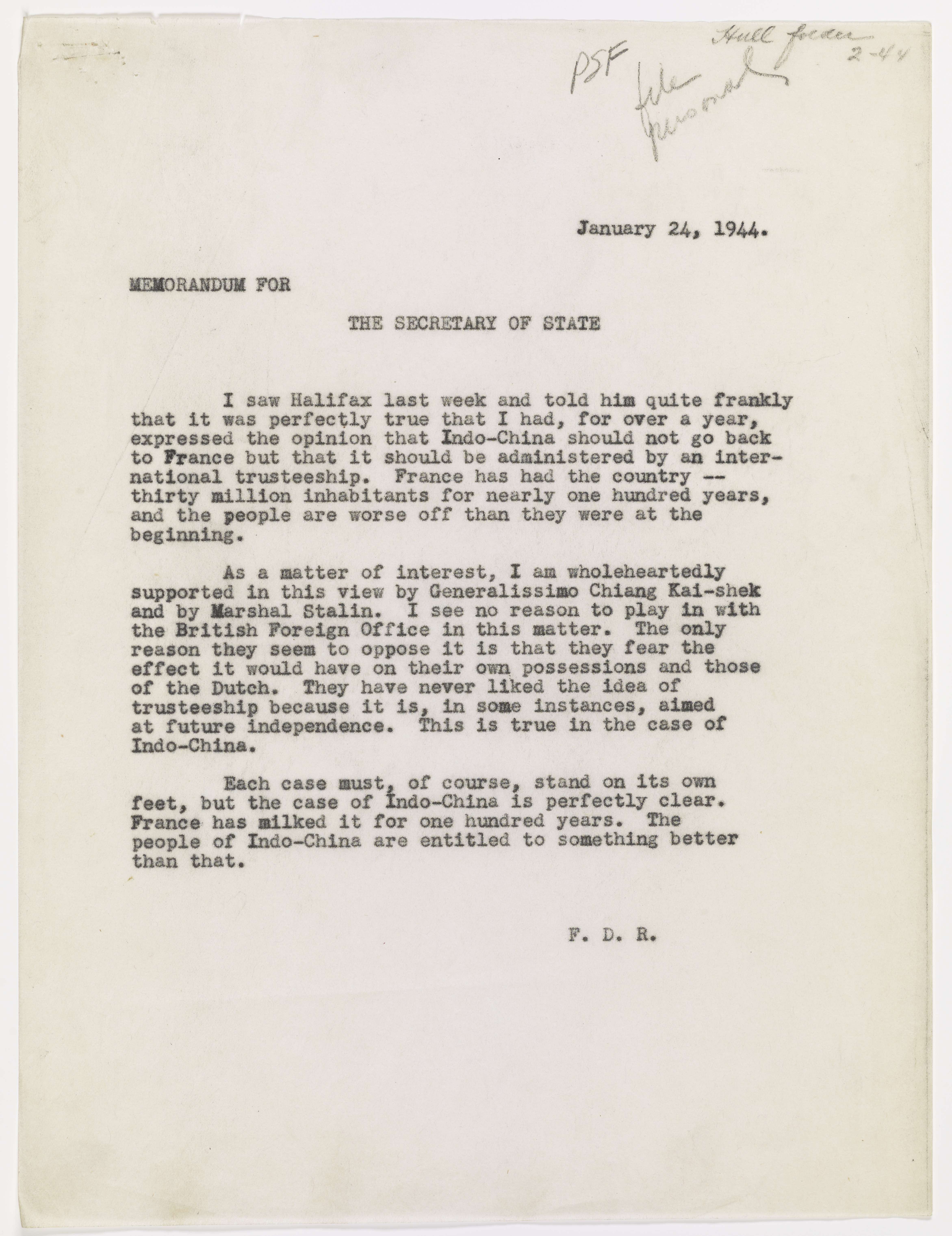 Memorandum from President Roosevelt to Secretary of State Cordell Hull