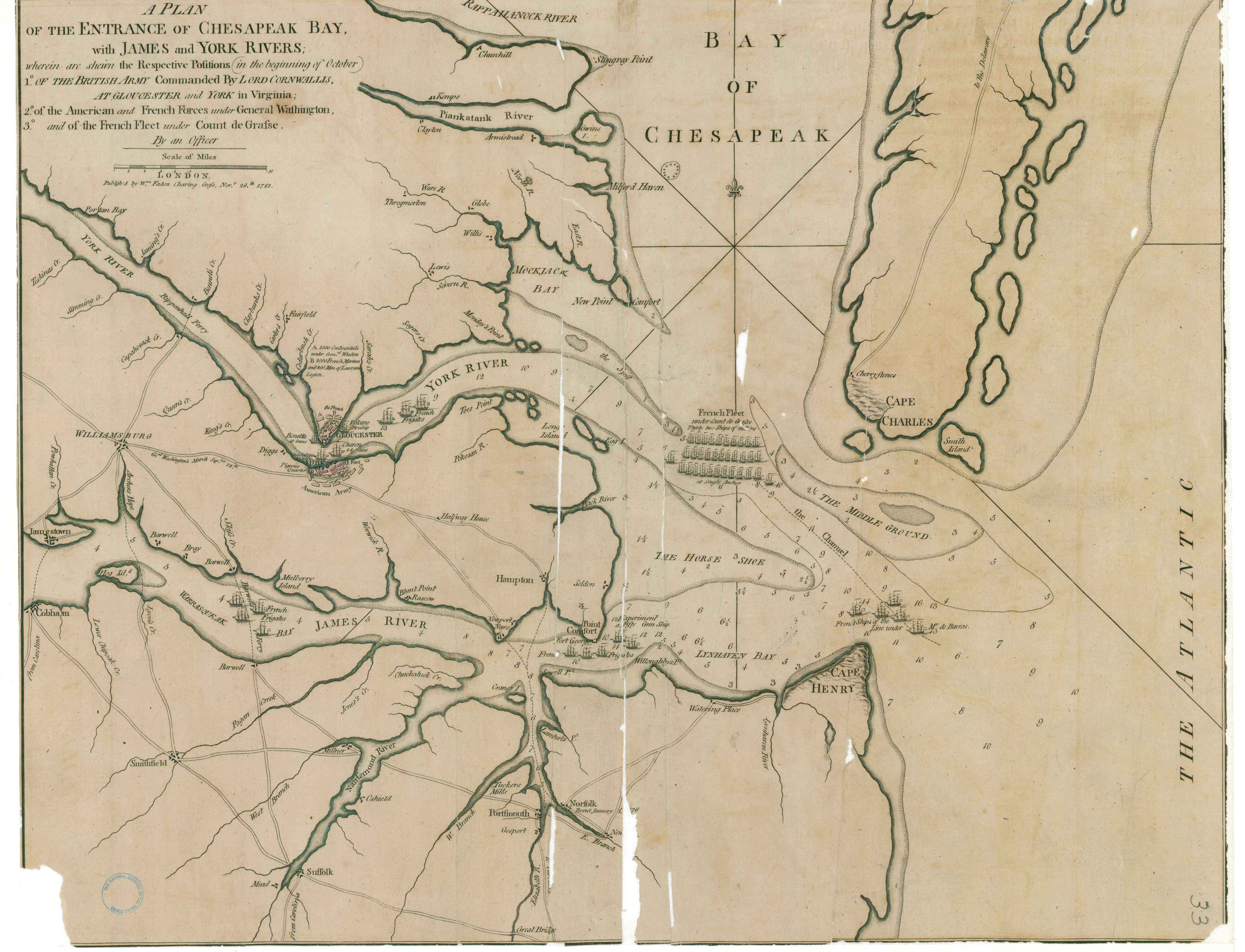 A Plan of the Entrance of Chesapeak Bay, with James and York Rivers with American, British and French Positions 
