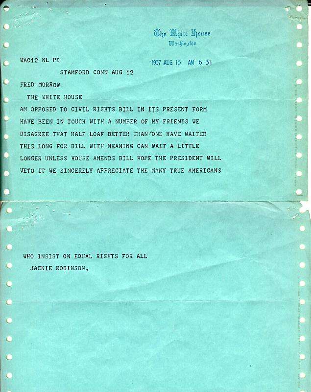 Telegram from Jackie Robinson to E. Frederick Morrow